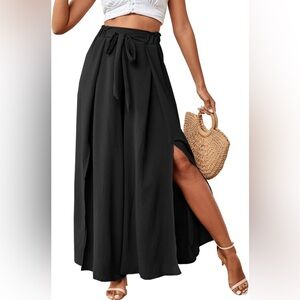 LYANER Black Wide-Leg Pants elastic tie waist side slit XL flowy boho beach NWT